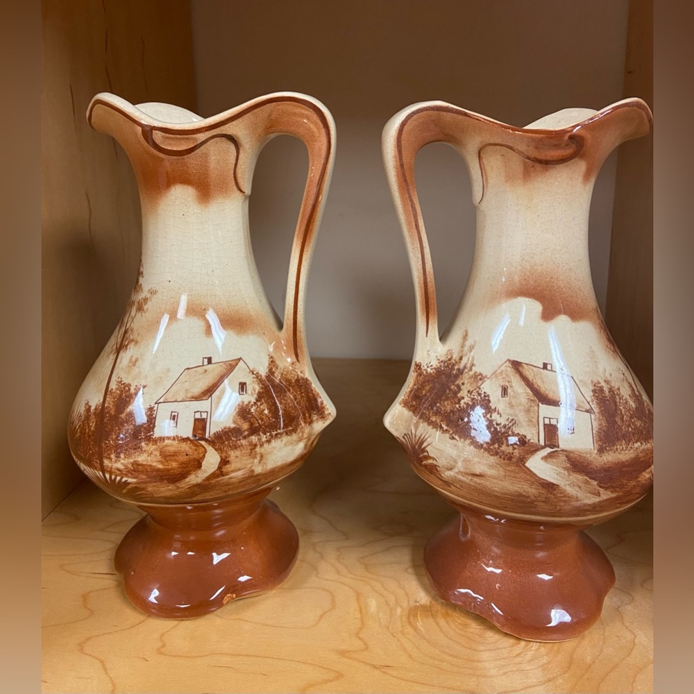 VINTAGE TWO PITCHER SET CERAMIC BELIEVED TO BE PORTUGAL 9” TALL